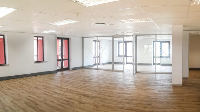 Suspended grid ceiling installed in an office