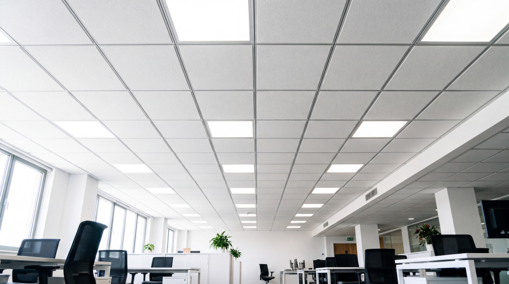 Suspended ceiling grid with recessed light panels in a modern open-plan office